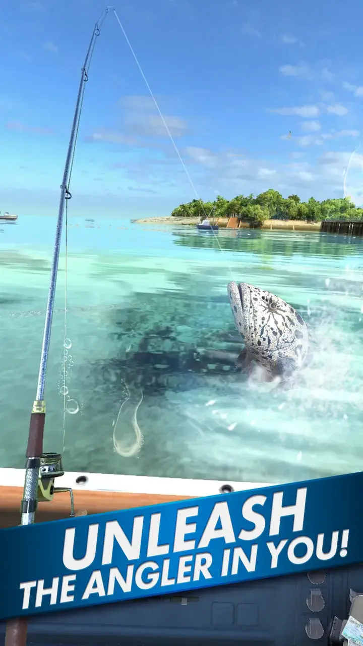 Fishing Blitz!: fiskespö från en båt i turkost vatten nära en grön ö