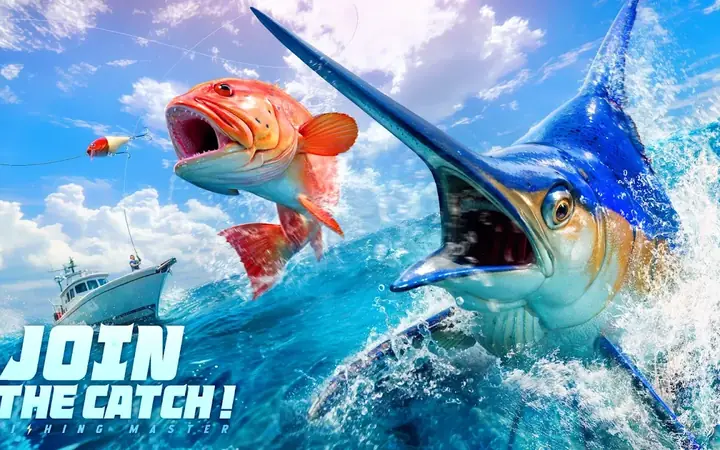 Fishing Master: en båt på öppet hav medan en marlin och en röd fisk hoppar ur vågorna