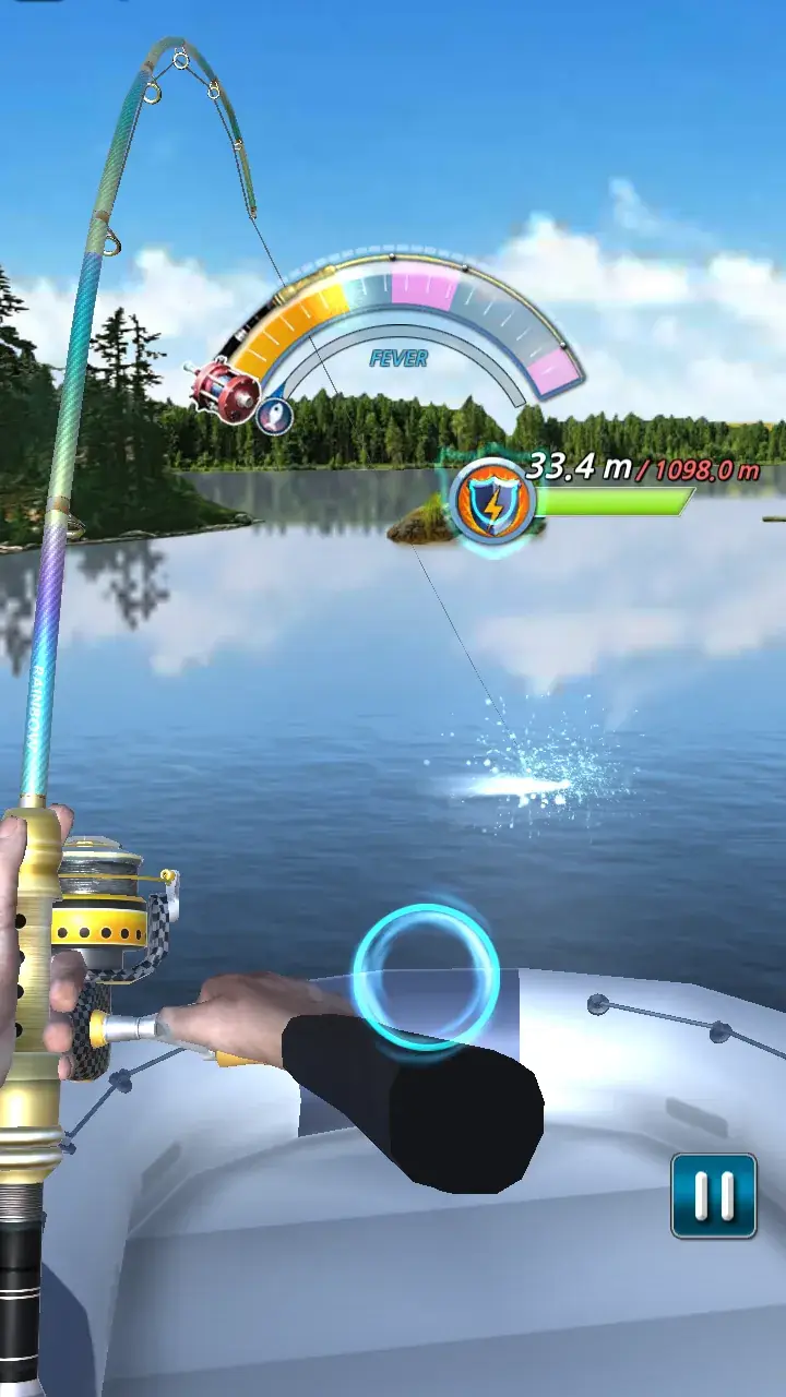 Fishing Season: fiske från en gummibåt på en blank sjö med en spänningsmätare överst